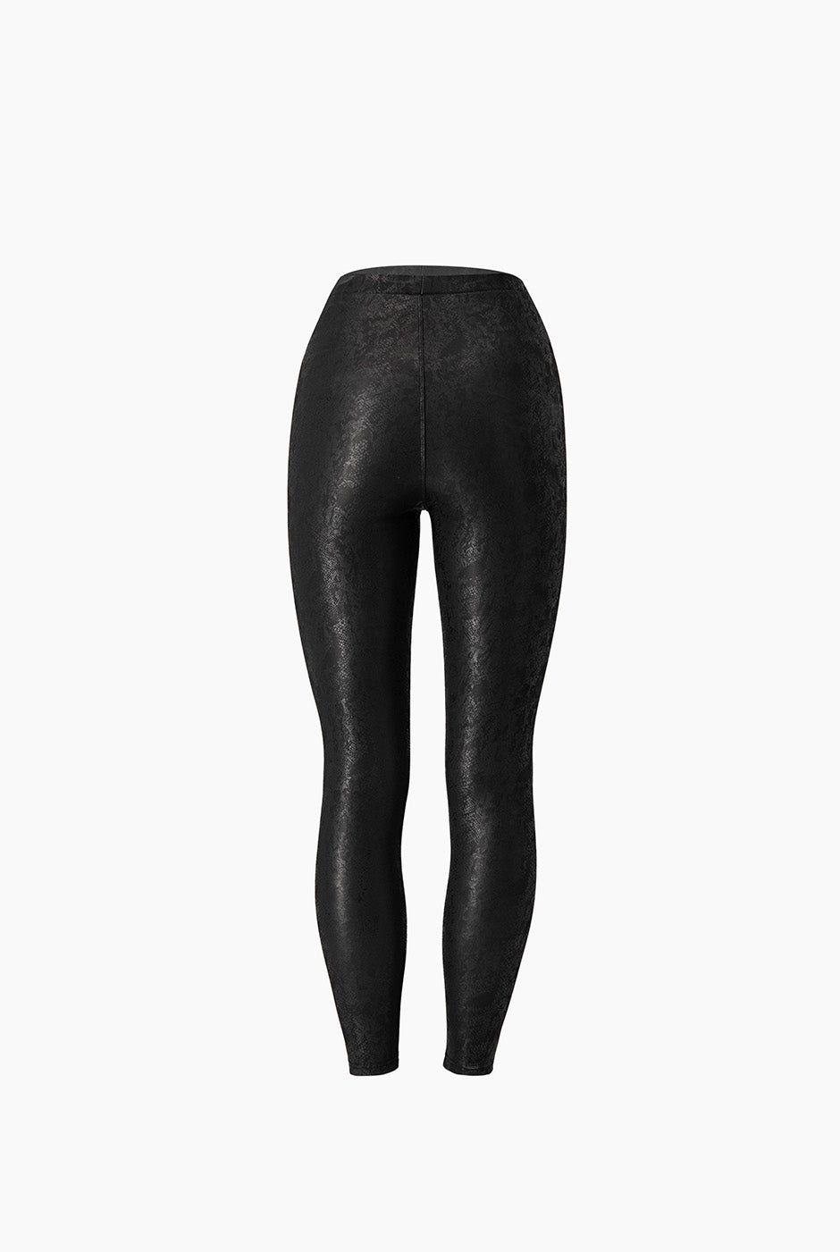 Pantalón negro con estampado de cocodrilo y superficie brillante