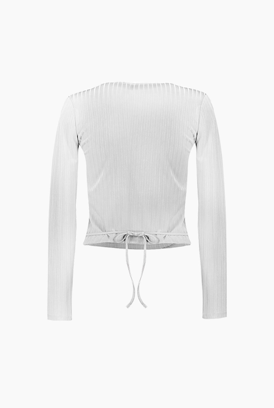 Blusa blanca cruzada con amarre en costado y manga larga