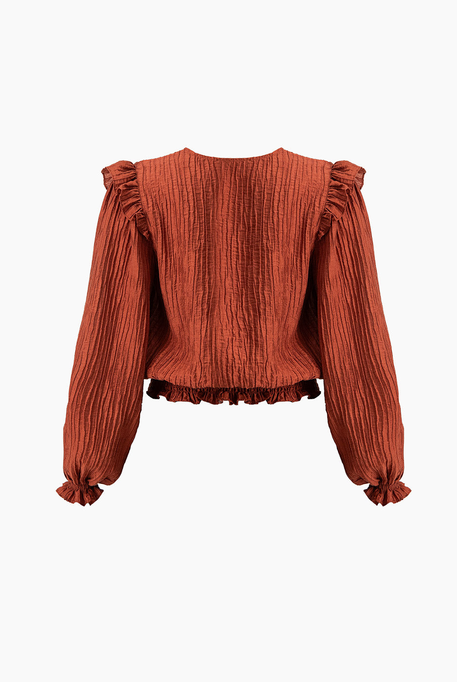 Blusa chedrón con escote en V y volantes en manga larga