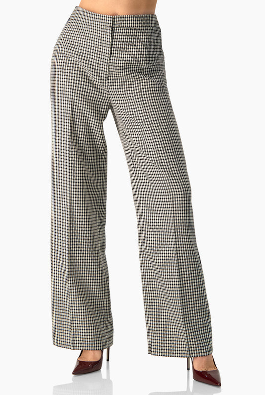 Pantalón negro de pierna amplia con estampado de cuadros y banda lateral