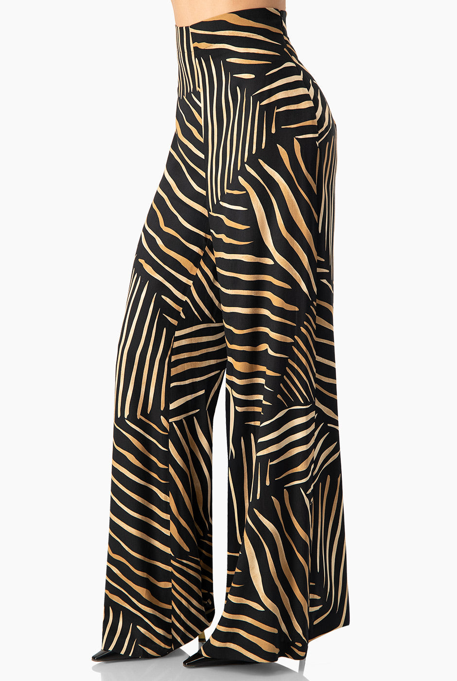 Pantalón amplio negro con estampado de rayas y cierre lateral