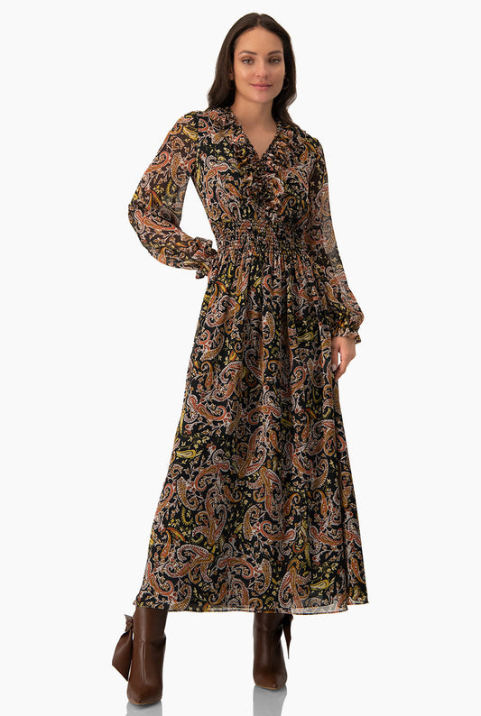 Vestido largo bohemio multicolor con escote en V y smock