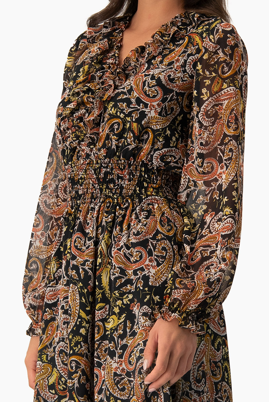 Vestido largo bohemio multicolor con escote en V y smock