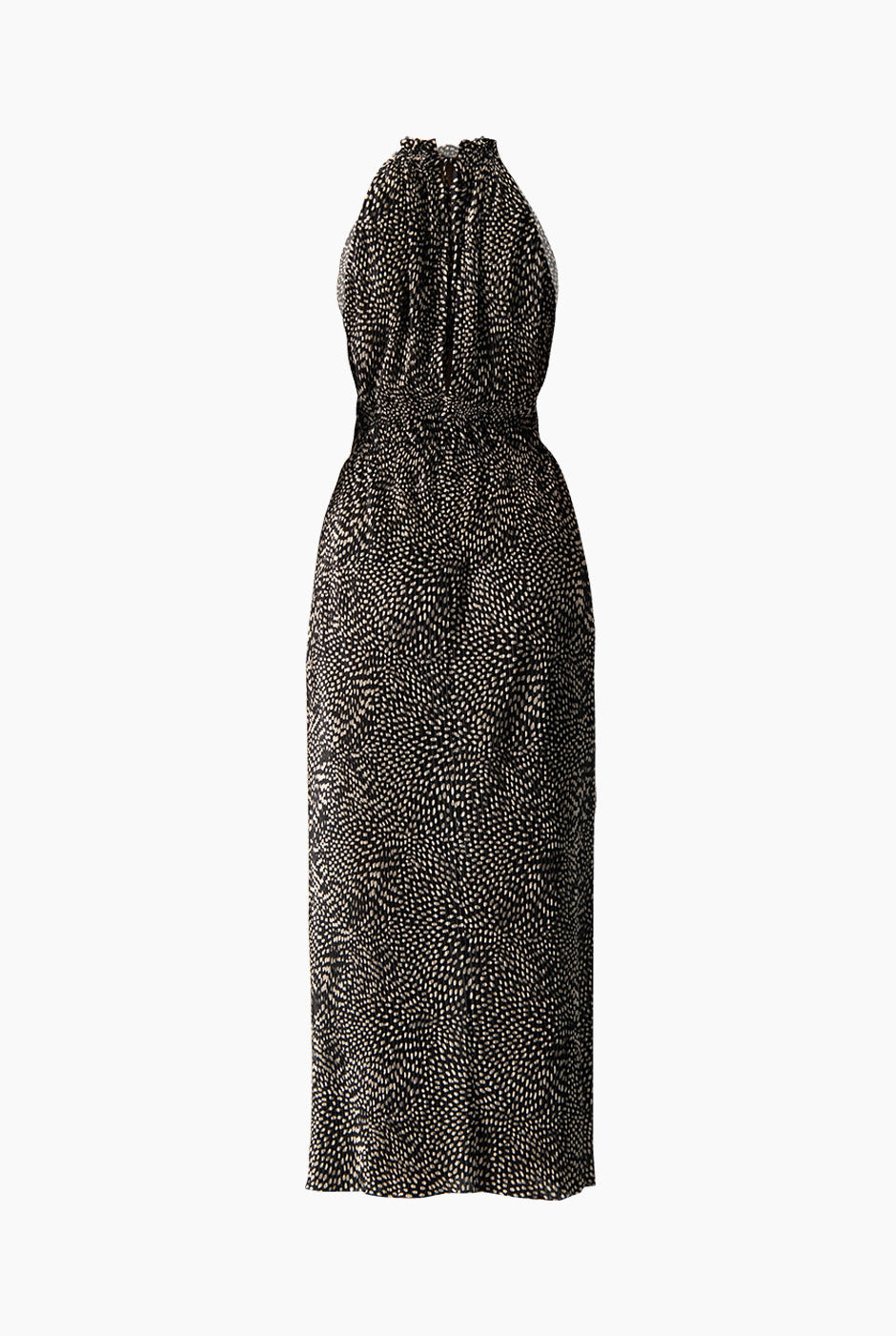 Vestido largo negro plisado con estampado de lunares y cuello halter